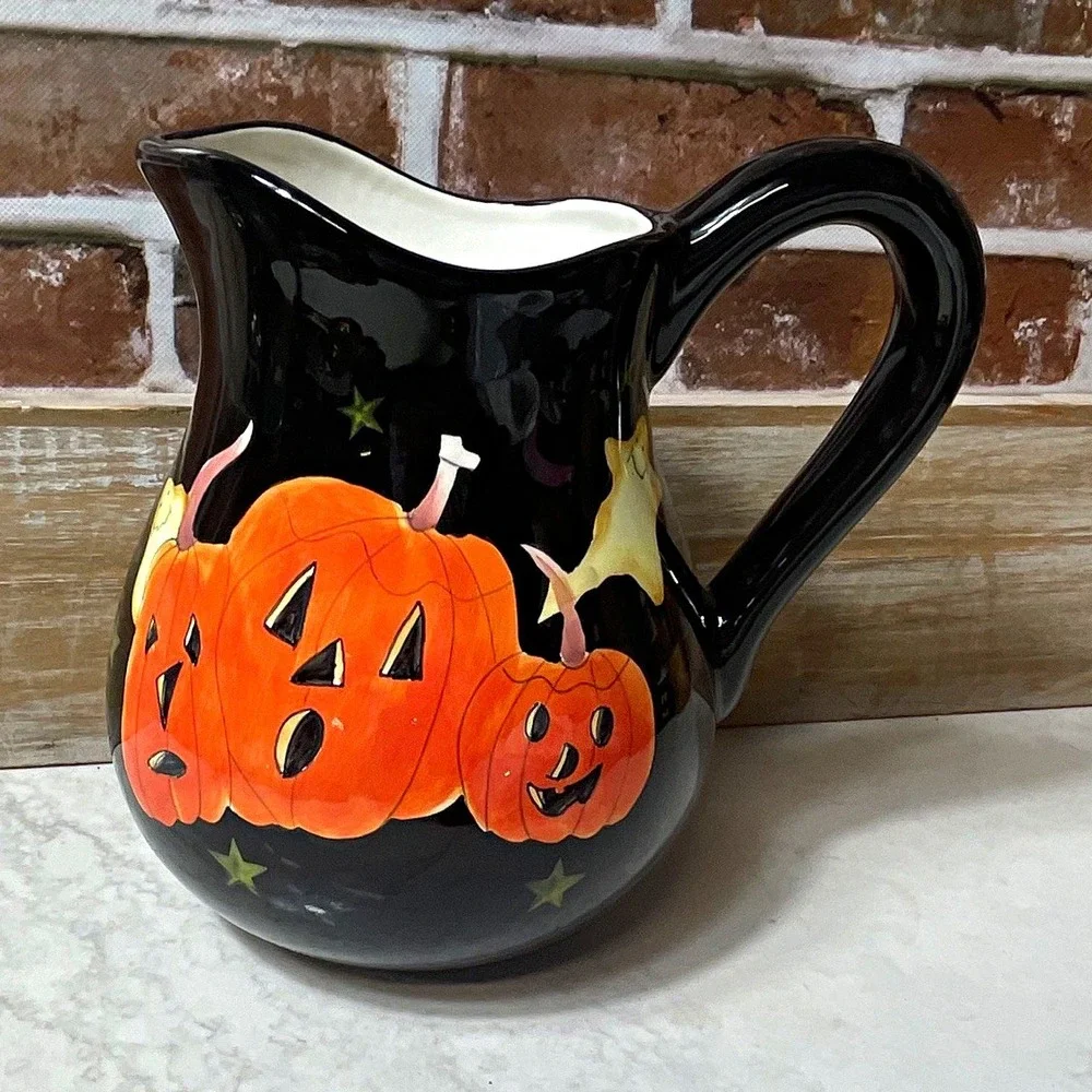 Target Halloween Pumpkin Ceramic Pitcher, Glossy Black, 32 oz, Safe D/M